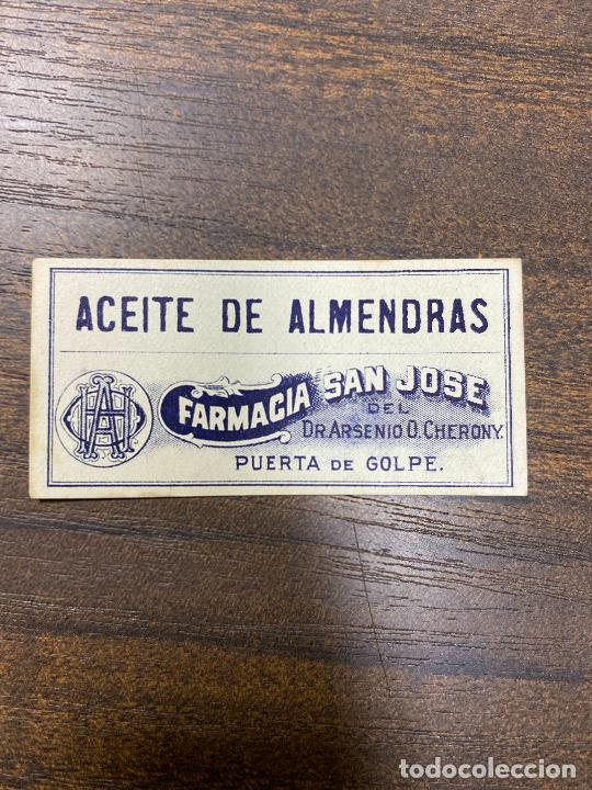 Old Labels: ETIQUETA ANTIGUA DE FARMACIA. ACEITE DE ALMENDRAS. FARMACIA SAN JOS&Eacute;.
