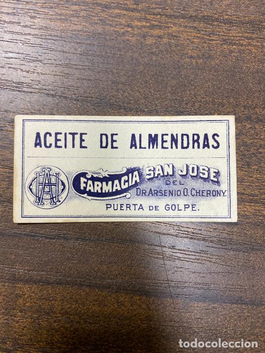 Old Labels: ETIQUETA ANTIGUA DE FARMACIA. ACEITE DE ALMENDRAS. FARMACIA SAN JOS&Eacute;.