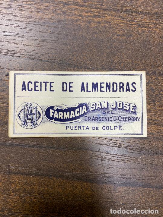 Old Labels: ETIQUETA ANTIGUA DE FARMACIA. ACEITE DE ALMENDRAS. FARMACIA SAN JOS&Eacute;.