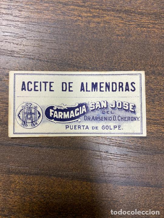 Old Labels: ETIQUETA ANTIGUA DE FARMACIA. ACEITE DE ALMENDRAS. FARMACIA SAN JOS&Eacute;.