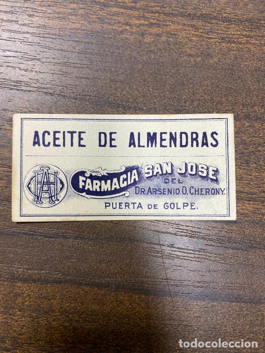 Old Labels: ETIQUETA ANTIGUA DE FARMACIA. ACEITE DE ALMENDRAS. FARMACIA SAN JOS&Eacute;.