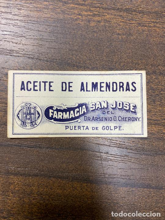 Old Labels: ETIQUETA ANTIGUA DE FARMACIA. ACEITE DE ALMENDRAS. FARMACIA SAN JOS&Eacute;.