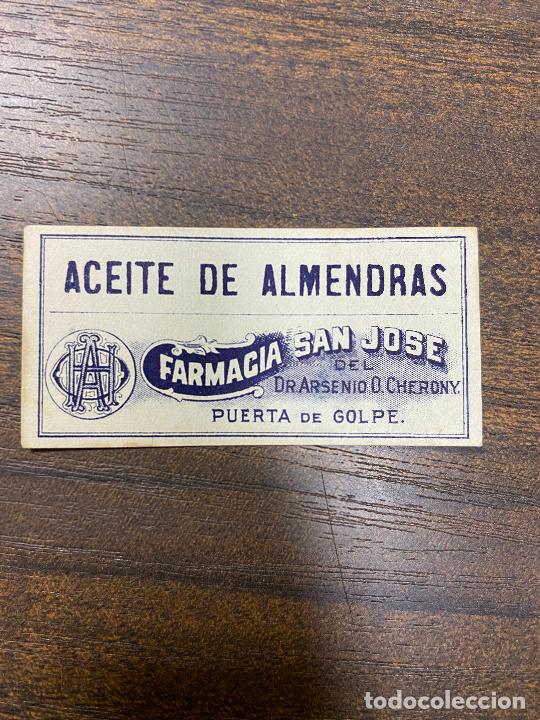 Old Labels: ETIQUETA ANTIGUA DE FARMACIA. ACEITE DE ALMENDRAS. FARMACIA SAN JOS&Eacute;.