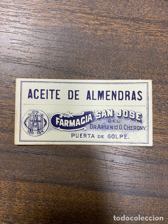 Old Labels: ETIQUETA ANTIGUA DE FARMACIA. ACEITE DE ALMENDRAS. FARMACIA SAN JOS&Eacute;.
