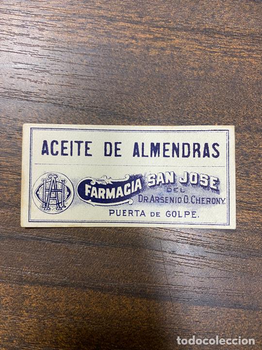 Old Labels: ETIQUETA ANTIGUA DE FARMACIA. ACEITE DE ALMENDRAS. FARMACIA SAN JOS&Eacute;.