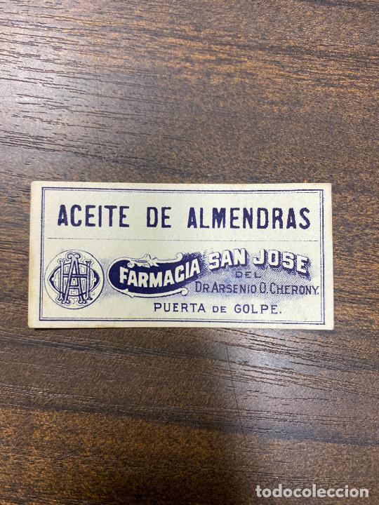 Old Labels: ETIQUETA ANTIGUA DE FARMACIA. ACEITE DE ALMENDRAS. FARMACIA SAN JOS&Eacute;.