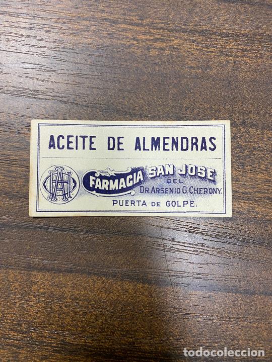 Old Labels: ETIQUETA ANTIGUA DE FARMACIA. ACEITE DE ALMENDRAS. FARMACIA SAN JOS&Eacute;.