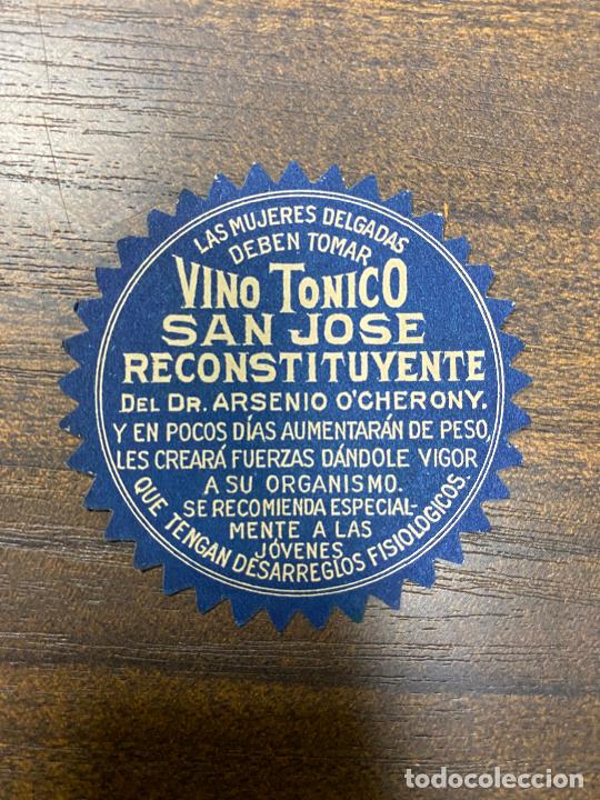Old Labels: ETIQUETA ANTIGUA DE FARMACIA. VINO T&Oacute;NICO. SAN JOS&Eacute; RECONSTITUYENTE.
