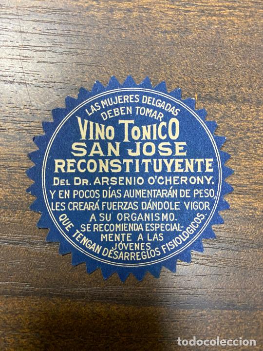 Old Labels: ETIQUETA ANTIGUA DE FARMACIA. VINO T&Oacute;NICO. SAN JOS&Eacute; RECONSTITUYENTE.