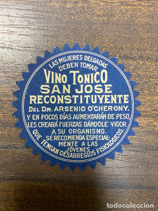 Old Labels: ETIQUETA ANTIGUA DE FARMACIA. VINO T&Oacute;NICO. SAN JOS&Eacute; RECONSTITUYENTE.