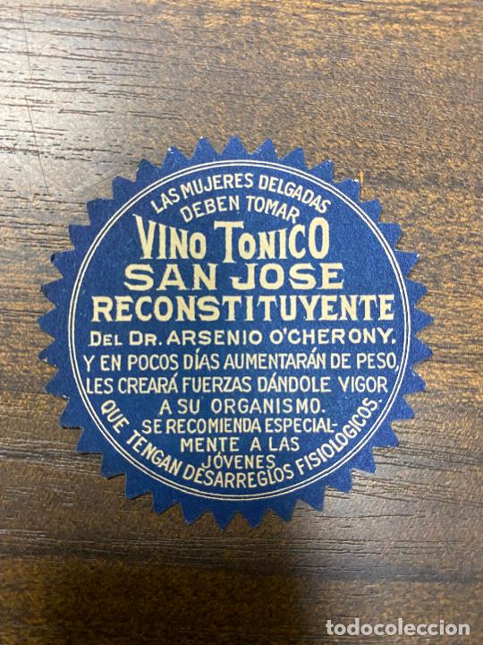 Old Labels: ETIQUETA ANTIGUA DE FARMACIA. VINO T&Oacute;NICO. SAN JOS&Eacute; RECONSTITUYENTE.