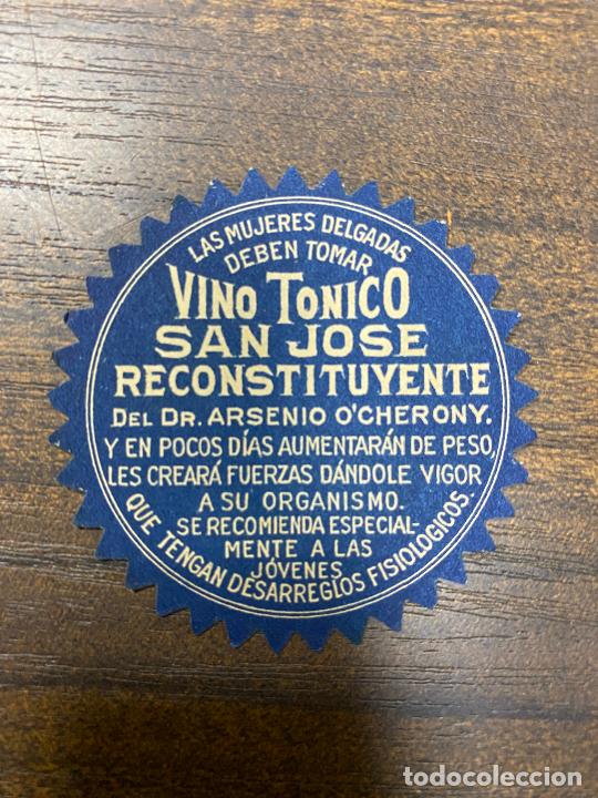 Old Labels: ETIQUETA ANTIGUA DE FARMACIA. VINO T&Oacute;NICO. SAN JOS&Eacute; RECONSTITUYENTE.