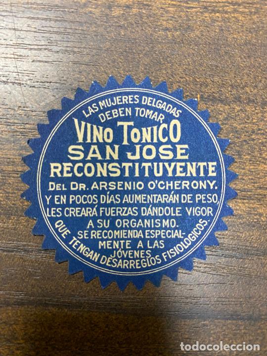 Old Labels: ETIQUETA ANTIGUA DE FARMACIA. VINO T&Oacute;NICO. SAN JOS&Eacute; RECONSTITUYENTE.