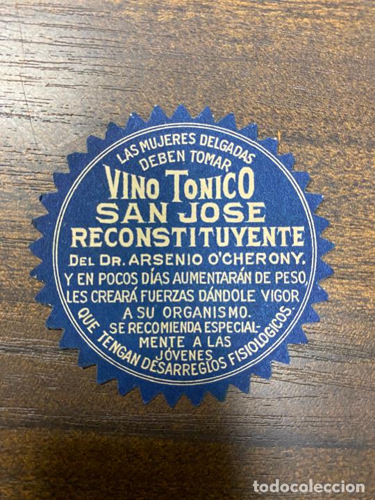 Old Labels: ETIQUETA ANTIGUA DE FARMACIA. VINO T&Oacute;NICO. SAN JOS&Eacute; RECONSTITUYENTE.