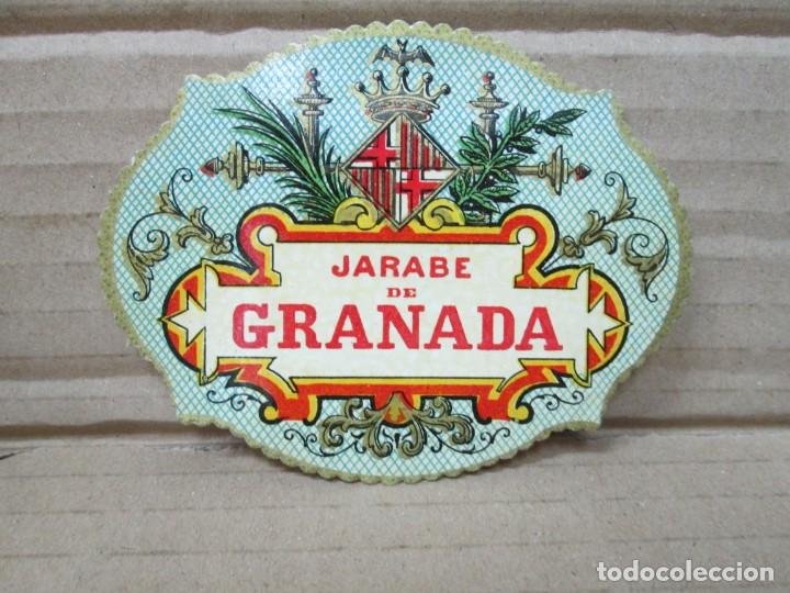 Etiquetas antiguas: ANTIGUA ETIQUETA BRANDY CO&Ntilde;AC, JARABE DE GRANADA