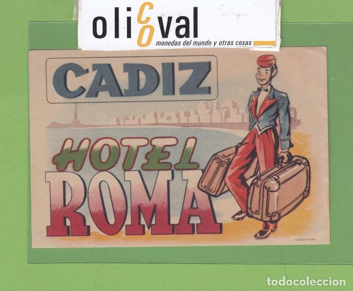 Etiquetas antiguas: ETIQUETA HOTEL ROMA FONDO AMARILLO ROYULACION BICOLOR 80 X120 mm EH3310