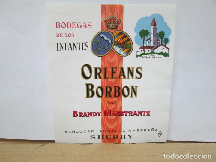 Etiquetas antiguas: ANTIGUA ETIQUETA BRANDY CO&Ntilde;AC, MAESTRANTE ORLEANS BORBON