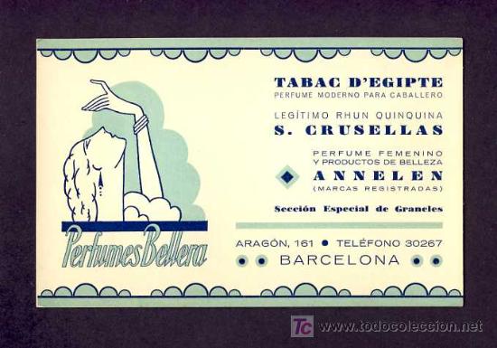 Etiquetas antigas: Tarjeta de PERFUME: Perfumes Bellera (perfumeria, perfume card, carte de parfum) (Art Deco)