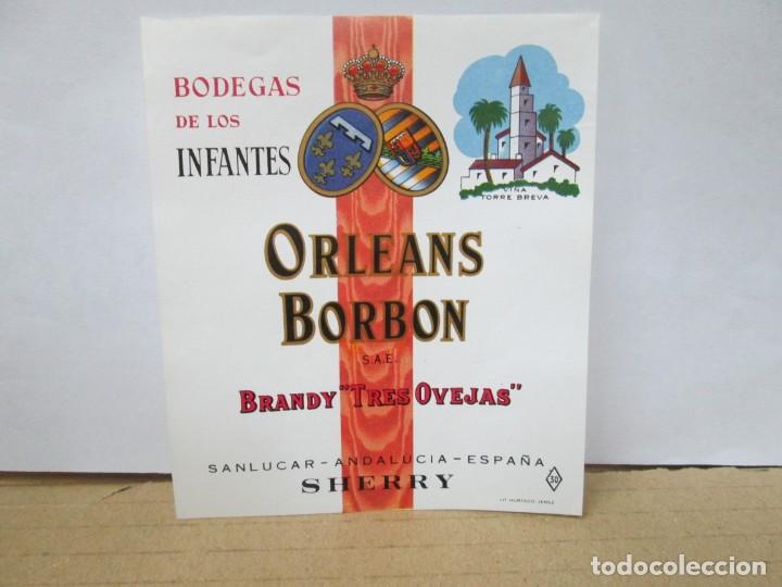 Etiquetas antiguas: ANTIGUA ETIQUETA BRANDY CO&Ntilde;AC, ORLEANS BORBON TRES OVEJAS