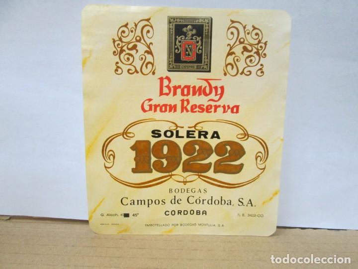 Etiquetas antiguas: ANTIGUA ETIQUETA BRANDY CO&Ntilde;AC, SOLERA 1922