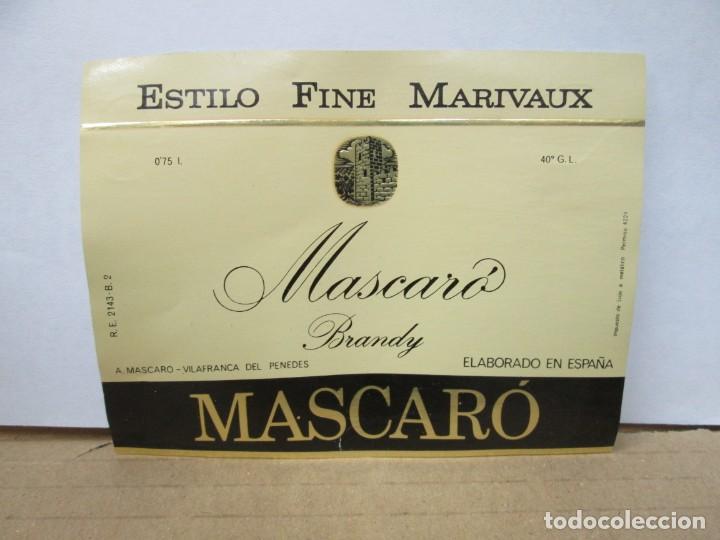 Etiquetas antiguas: ANTIGUA ETIQUETA BRANDY CO&Ntilde;AC, MASCARO BRANDY