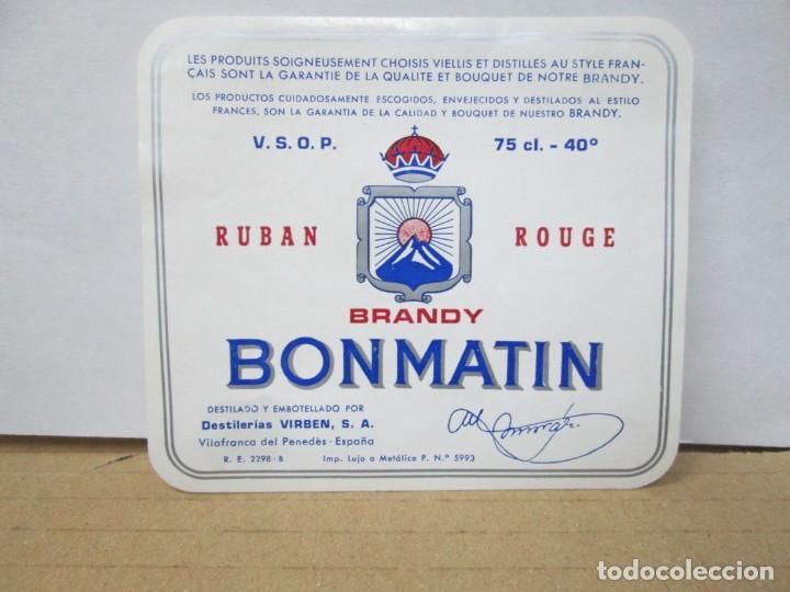 Etiquetas antiguas: ANTIGUA ETIQUETA BRANDY CO&Ntilde;AC, BON MATIN, DESTILERIAS VIRBEN