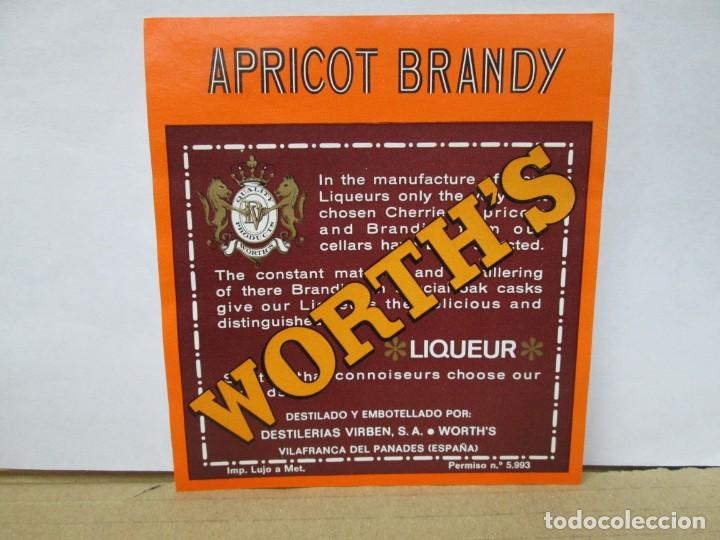 Etiquetas antiguas: ANTIGUA ETIQUETA BRANDY CO&Ntilde;AC,APRICOT BRANDY WORTH'S
