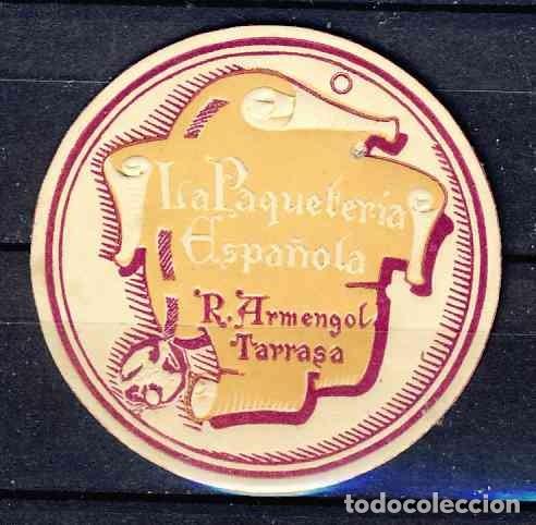 Etiquetas antiguas: Etiqueta de LA PAQUETERIA ESPA&Ntilde;OLA, de R.Armengol, Terrassa (5,3 x 5,3 cms)