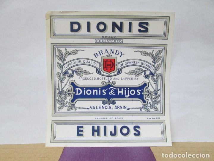 Etiquetas antiguas: ANTIGUA ETIQUETA, DIONIS BRANDY DIONIS E HIJOS