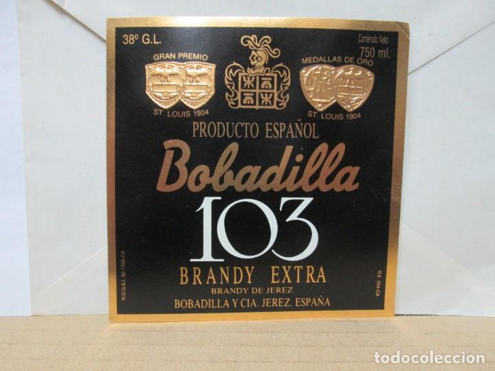 Etiquetas antiguas: ANTIGUA ETIQUETA, BOBADILLA 103 BRANDY EXTRA
