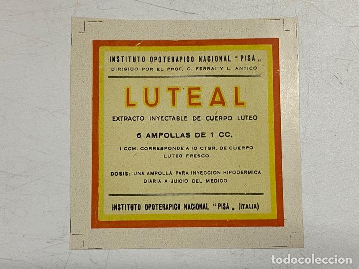 Alte Etiketten: ETIQUETA. LUTEAL. EXTRACTO INYECTABLE DE CUERPO LUTEO. INSTITUO OPOTERAPICO NACIONAL PISA.