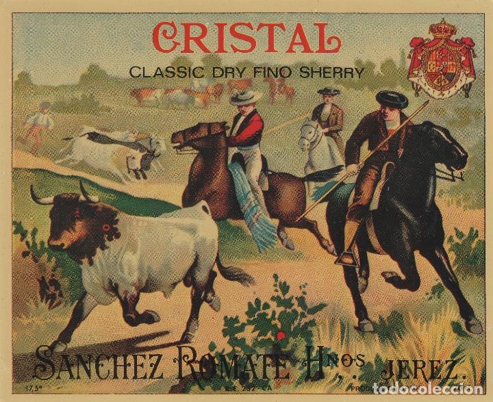 Etiquetas antiguas: S&Aacute;NCHEZ ROMATE HNOS . JEREZ . CRISTAL FINO SHERRY . TOROS .ETIQUETA DE VINO