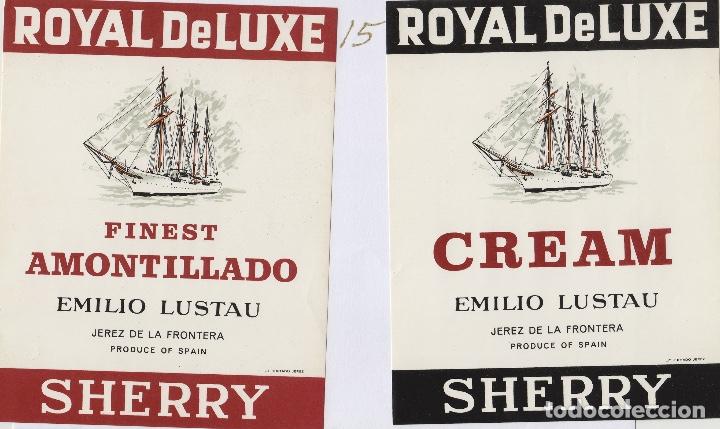 Etiquetas antiguas: EMILIO LUSTAU. JEREZ. ROYAL DE LUXE , SHERRY AMONTILLADO , CREAM . ETIQUETA DE VINO ver fotos