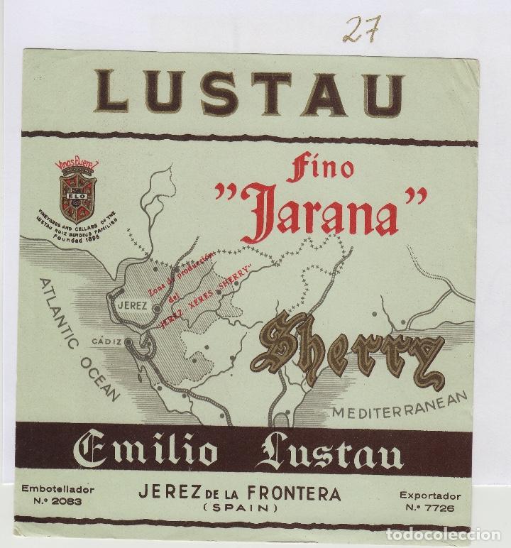 Alte Etiketten: EMILIO LUSTAU. JEREZ. SHERRY FINO JARANA , MAPA . ETIQUETA DE VINO