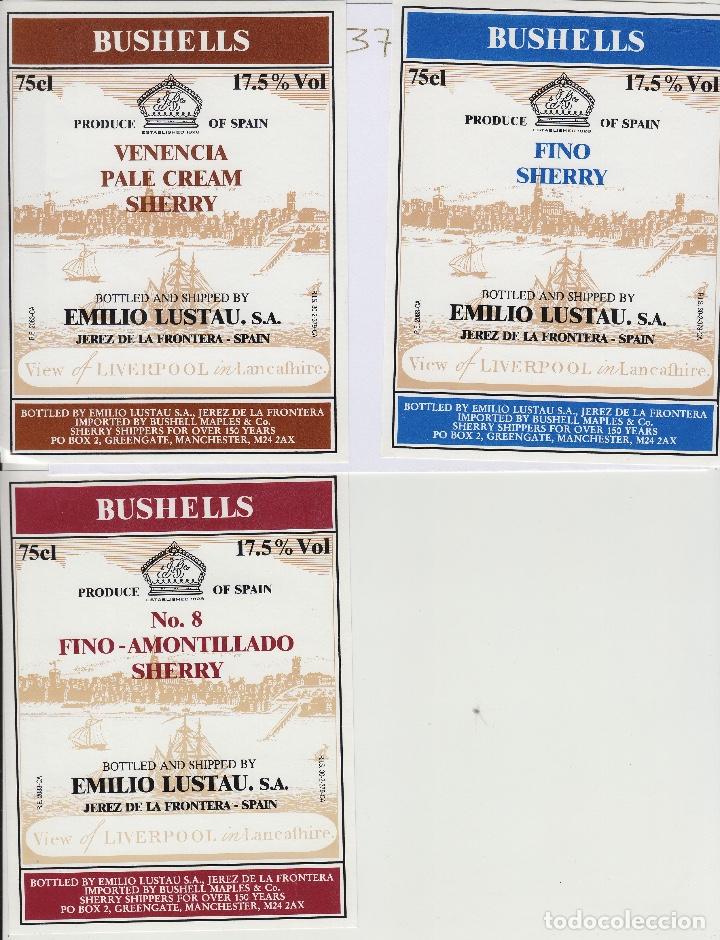 Etiquetas antigas: EMILIO LUSTAU. JEREZ. SHERRY BUSHELLS , VENCIA FINO . ETIQUETA DE VINO