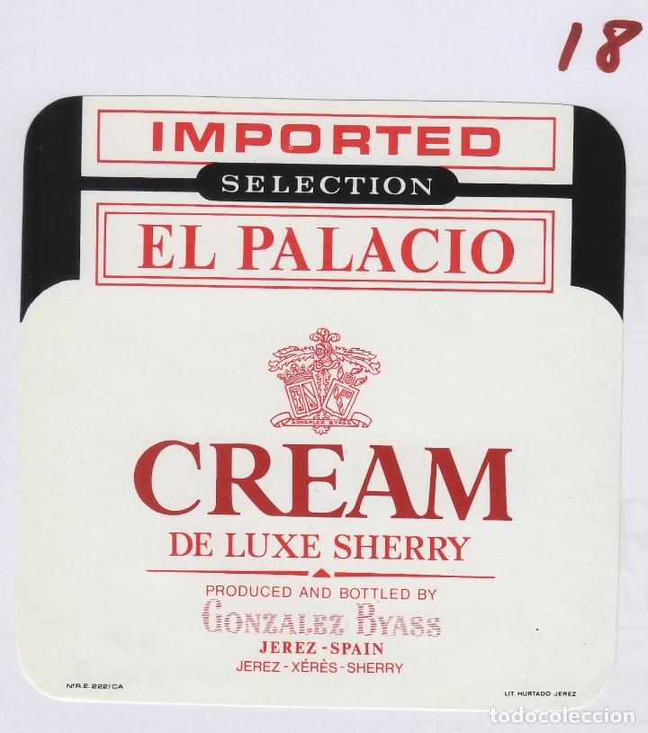 Etiquetas antiguas: GONZALEZ BYASS . JEREZ SHERRY IMPORTED PALACIO CREAM DE LUXE . ETIQUETA VINO ORIGINAL