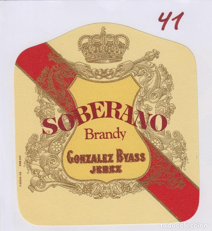 Etiquetas antiguas: GONZALEZ BYASS . JEREZ BRANDY SOBERANO . ETIQUETA VINO ORIGINAL