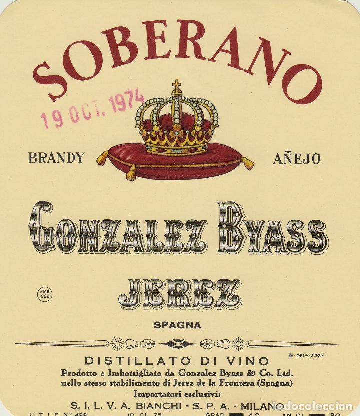 Etiquetas antiguas: GONZALEZ BYASS . JEREZ BRANDY A&Ntilde;EJO SOBERANO . ETIQUETA VINO ORIGINAL ref 41