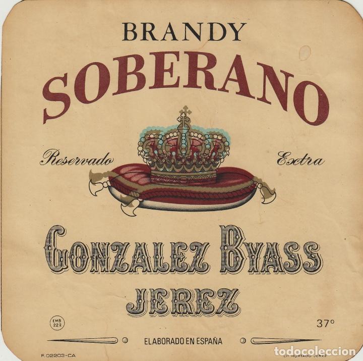 Etiquetas antiguas: GONZALEZ BYASS . JEREZ BRANDY SOBERANO RESERVADO EXTRA . ETIQUETA VINO ORIGINAL ref 41