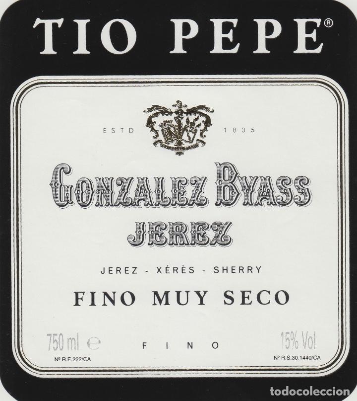 Etiquetas antiguas: GONZALEZ BYASS . JEREZ SHERRY TIO PEPE escudo . ETIQUETA VINO ORIGINAL ref 43