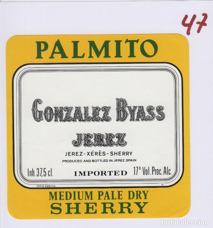 Etichette antiche: GONZALEZ BYASS . JEREZ SHERRY PALMITO MEDIUM PALE DRY . ETIQUETA VINO ORIGINAL