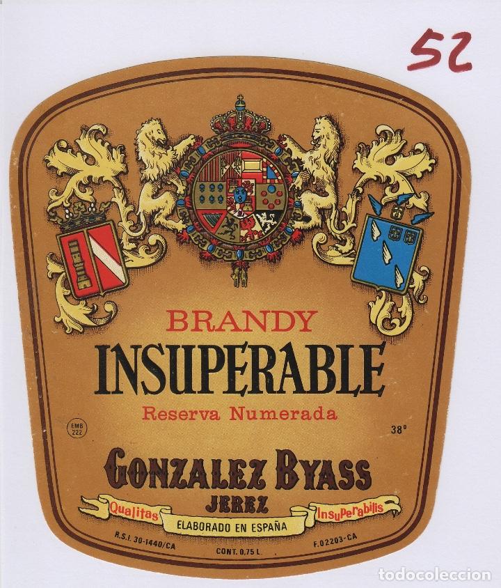 Etiquetas antiguas: GONZALEZ BYASS . JEREZ BRANDY INSUPERABLE RESERVA NUMERADA . ETIQUETA VINO ORIGINAL