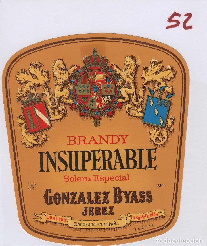 Etiquetas antiguas: GONZALEZ BYASS . JEREZ BRANDY INSUPERABLE SOLERA ESPECIAL . ETIQUETA VINO ORIGINAL