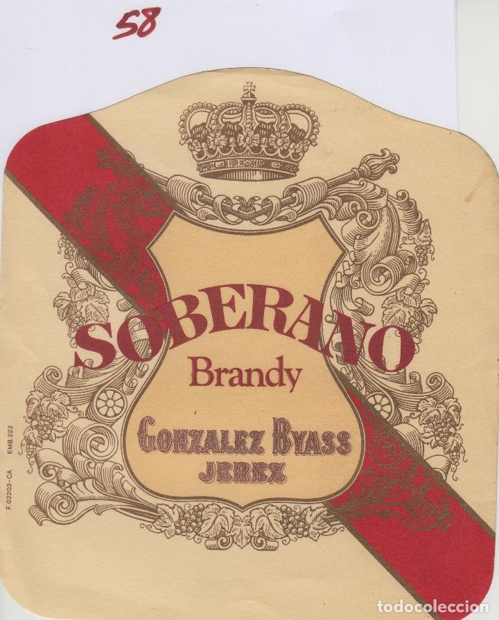 Etiquetas antiguas: GONZALEZ BYASS . JEREZ BRANDY SOBERANO . GRAN TAMA&Ntilde;O 15,50 x17 cm . ETIQUETA VINO ORIGINAL