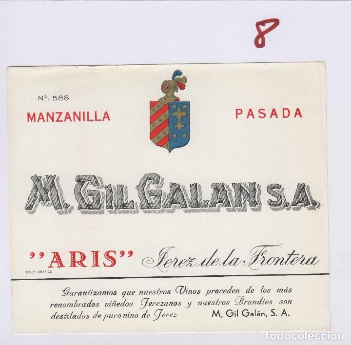 Etichette antiche: M. GIL GALAN . JEREZ MANZANILLA PASADA ARIS . ETIQUETA VINO ORIGINAL .