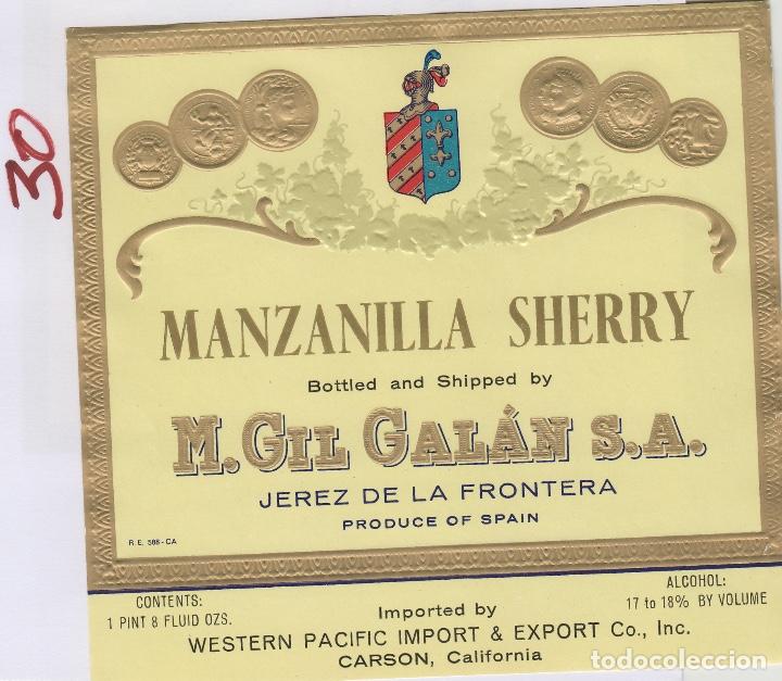 Etiquetas antiguas: M. GIL GALAN . JEREZ SHERRY MANZANILLA . ETIQUETA VINO ORIGINAL ref 30