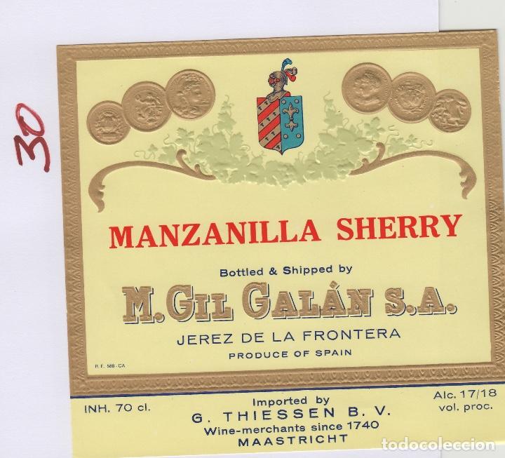 Etiquetas antiguas: M. GIL GALAN . JEREZ SHERRY MANZANILLA . ETIQUETA VINO ORIGINAL ref 30