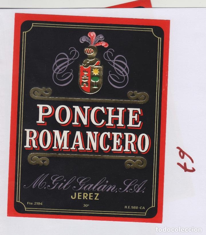 Etichette antiche: M. GIL GALAN . JEREZ SHERRY PONCHE ROMANCERO . ETIQUETA VINO ORIGINAL ref