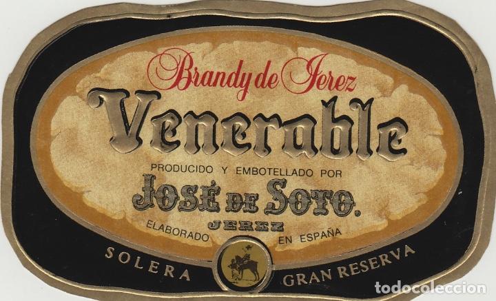 Etiquetas antiguas: JOS&Eacute; DE SOTO . JEREZ BRANDY VENERABLE SOLERA tama&ntilde;o peque&ntilde;o . ETIQUETA ORIGINAL . ref . 14