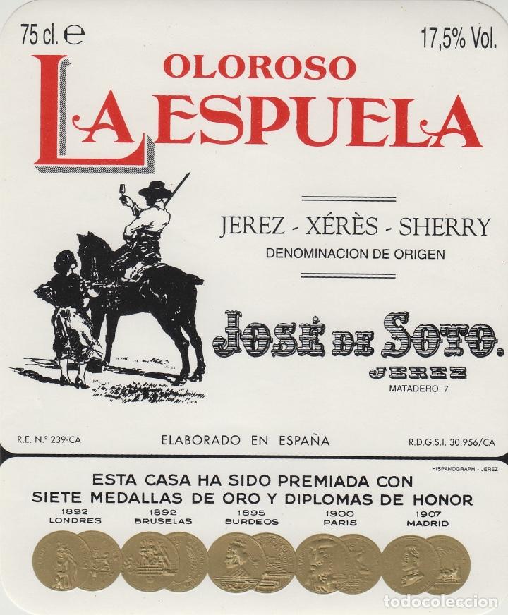 Etichette antiche: JOS&Eacute; DE SOTO . JEREZ SHERRY OLOROSO LA ESPUELA EN INGL&Eacute;S . ETIQUETA VINO ORIGINAL ref 35